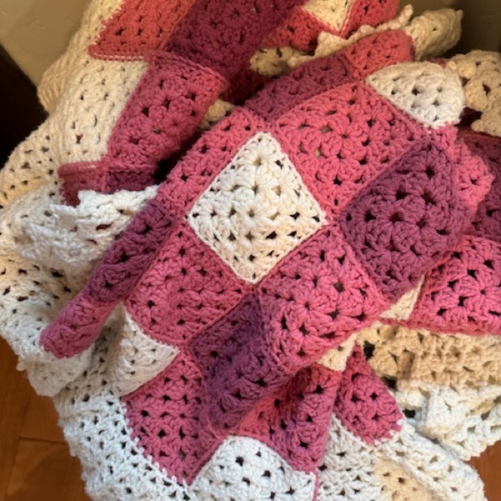 Pink and White Ruffled Crochet Blanket